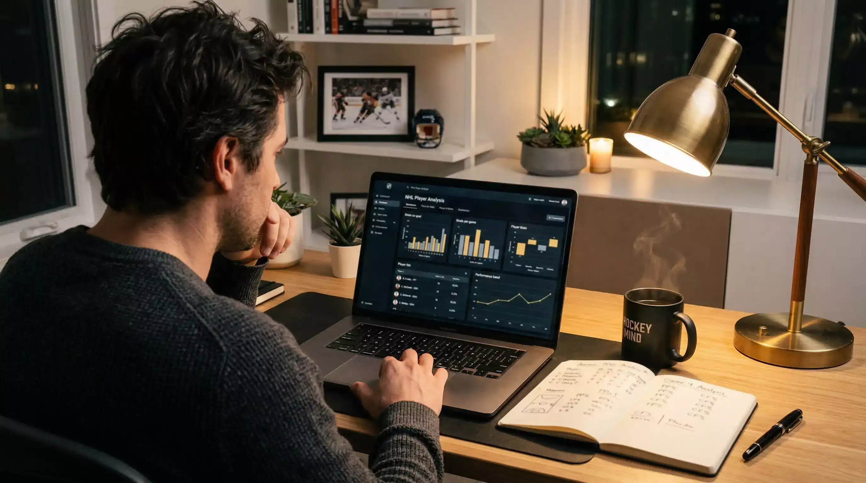 Persona analizando estadísticas de hockey NHL en una laptop