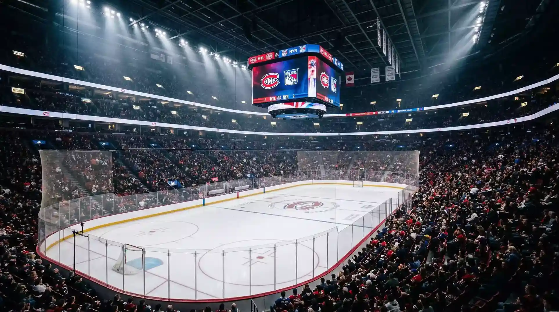 Arena de hockey NHL con pista de hielo iluminada