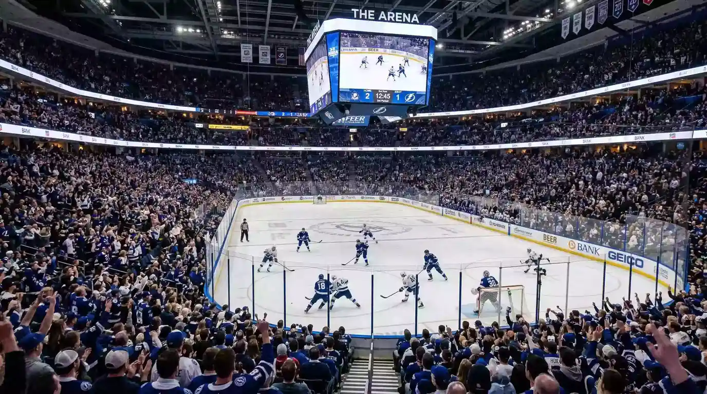 Estadio de la NHL lleno de aficionados durante un partido de hockey