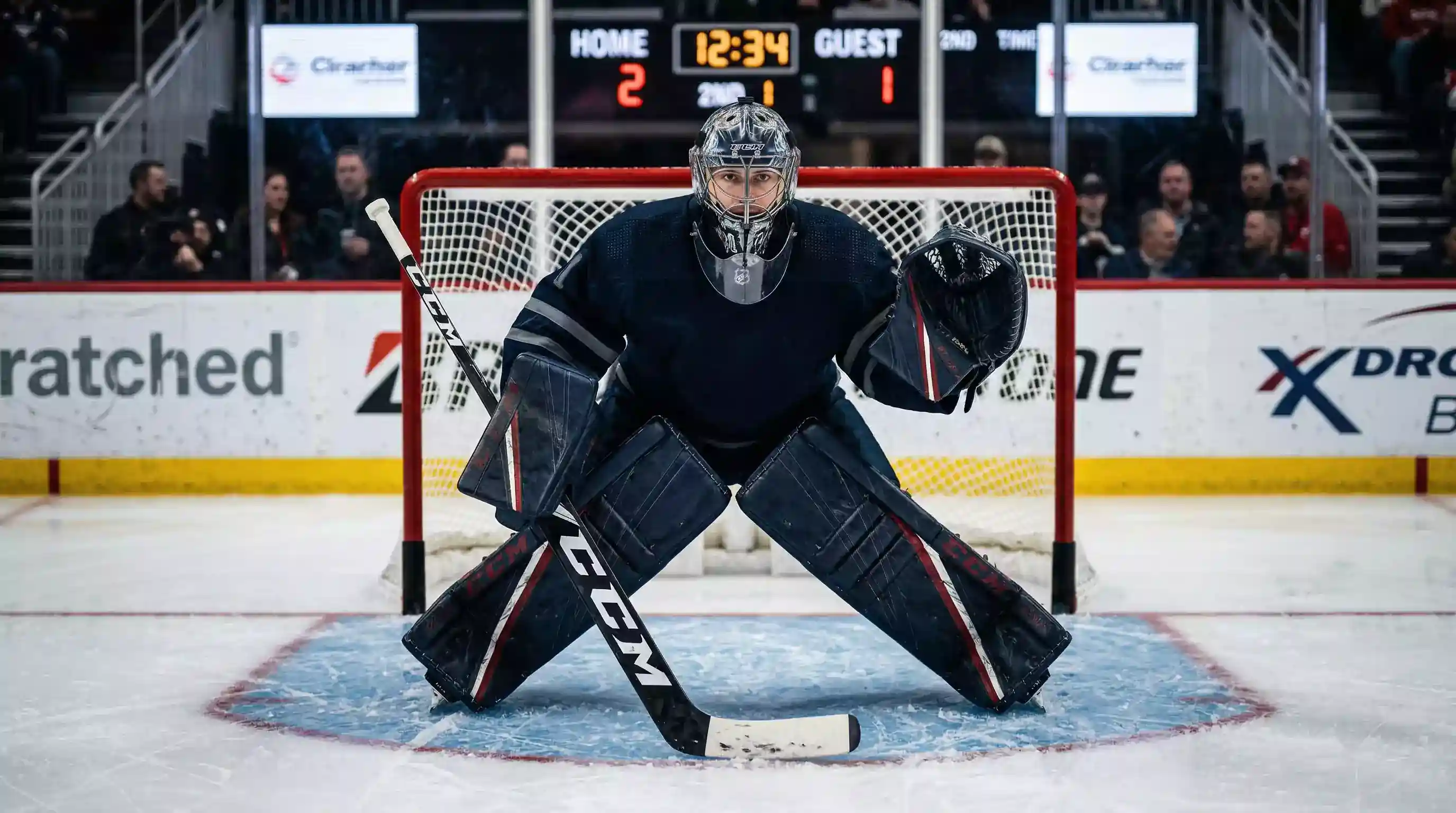 Portero de hockey NHL en posición defensiva frente a la portería